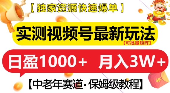 实测视频号最新玩法，中老年赛道，独家资源，月入过W+【揭秘】-宏创资源库