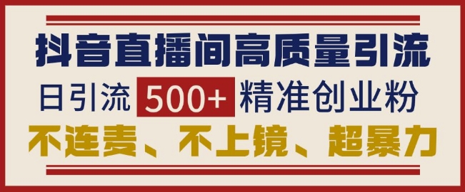 抖音直播间引流创业粉，无需连麦、不用上镜、超暴力，日引流500+高质量精准创业粉-宏创资源库