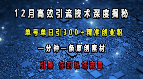 最新高效引流技术深度揭秘 ，单号单日引300+精准创业粉，一分钟一条原创素材，引爆你的私域流量-宏创资源库