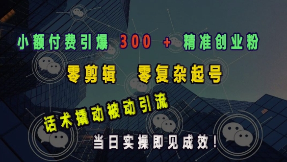 小额付费引爆 300 + 精准创业粉，零剪辑、零复杂起号，话术撬动被动引流，当日实操即见成效-宏创资源库