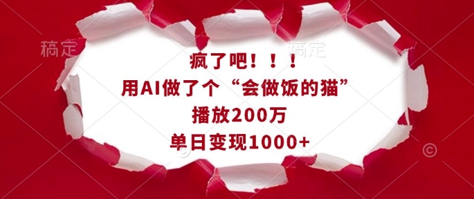 疯了吧！用AI做了个“会做饭的猫”，播放200万，单日变现1k-宏创资源库