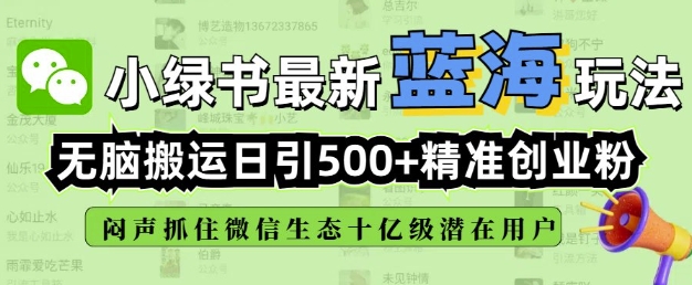 小绿书无脑搬运引流，全自动日引500精准创业粉，微信生态内又一个闷声发财的机会-宏创资源库