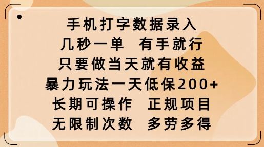 手机打字数据录入，几秒一单，有手就行，只要做当天就有收益，暴力玩法一天低保2张-宏创资源库